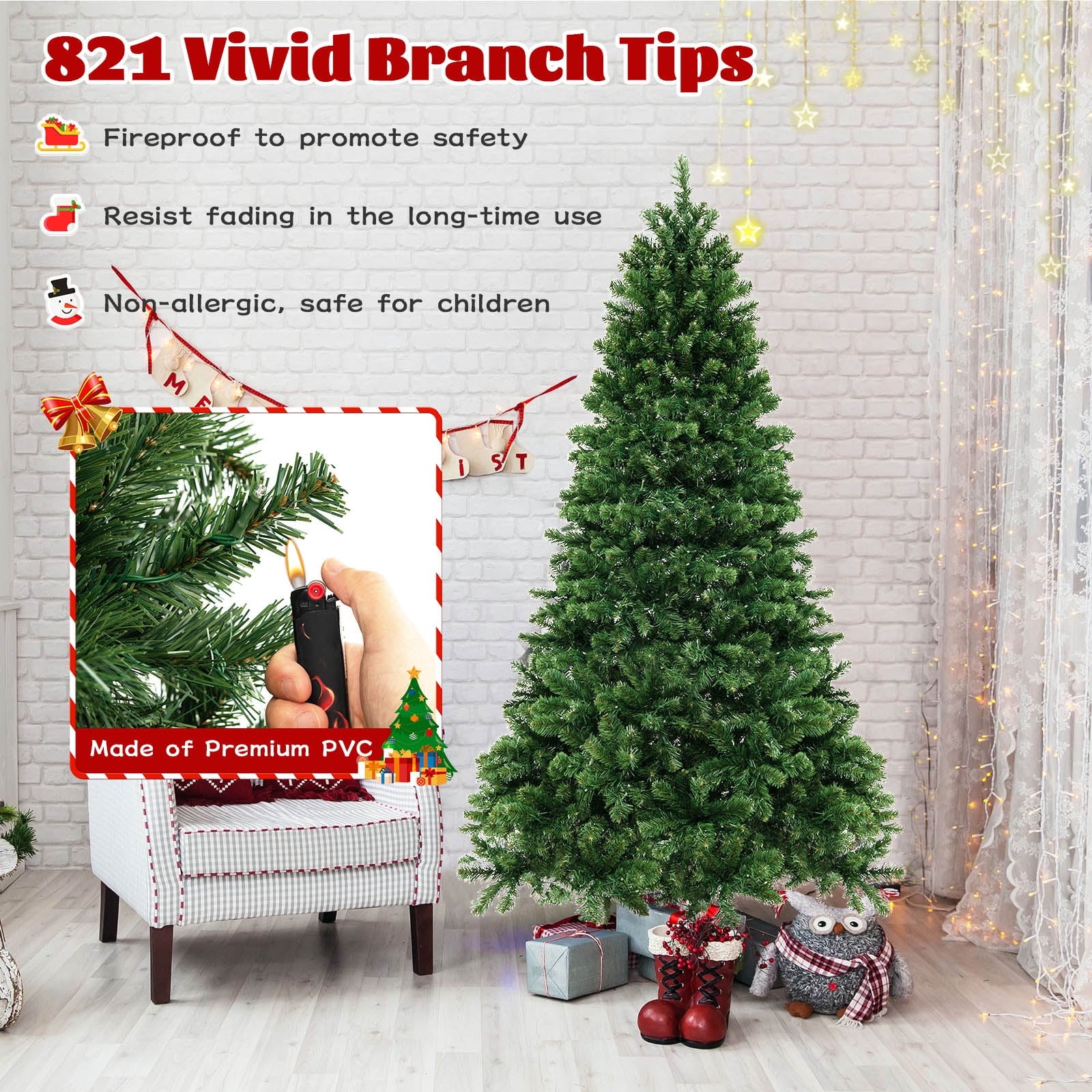 6 FT Artificial Xmas Tree with 821 PVC Branch Tips 560 Warm White LED Lights