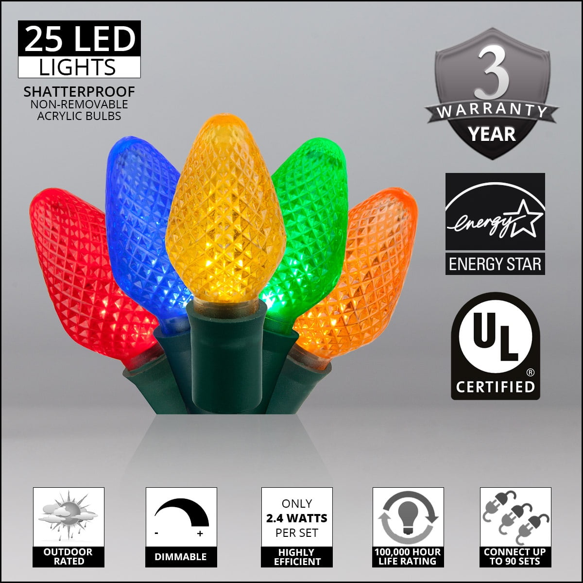 25Ct C7 LED Multi-Color Christmas Lights, 8" Spacing – Green Wire
